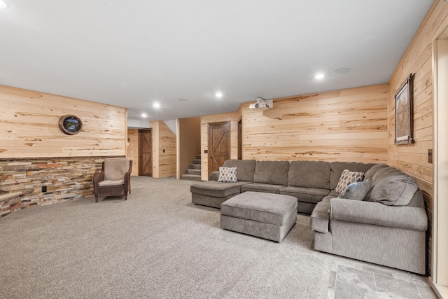 4027 148th Ln NE, Ham Lake, MN 55304 - living room featuring wood walls, stairs, recessed lighting, and light colored carpet