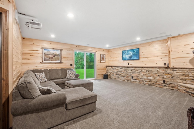 4027 148th Ln NE, Ham Lake, MN 55304 - living area featuring wooden walls, carpet flooring, and recessed lighting