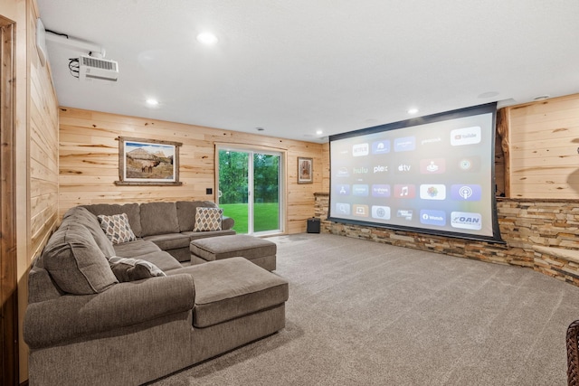 4027 148th Ln NE, Ham Lake, MN 55304 - living room with wooden walls, carpet floors, and recessed lighting