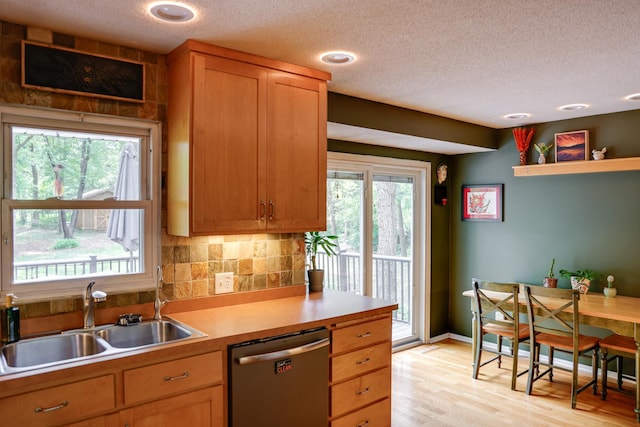 13500 190th Ave NW, Elk River, MN 55330 - kitchen with stainless steel dishwasher, a sink, a textured ceiling, decorative backsplash, and light wood-style flooring