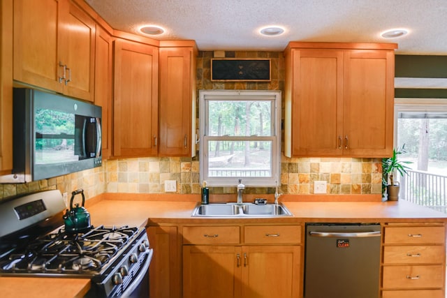 13500 190th Ave NW, Elk River, MN 55330 - kitchen with stainless steel appliances, a sink, light countertops, a textured ceiling, and decorative backsplash