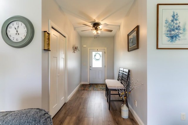 1320 Whiting Rd NW Unit 71, Bemidji, MN 56601 - foyer with ceiling fan, dark wood-style floors, and baseboards