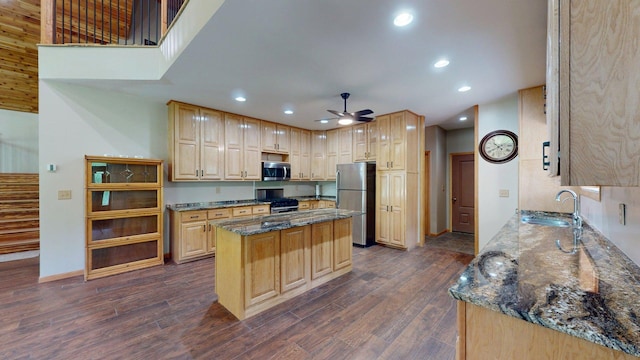 4251 Sugar Pt, Orr, MN 55771 - kitchen with stainless steel appliances, a ceiling fan, a sink, dark stone counters, and dark wood-style floors