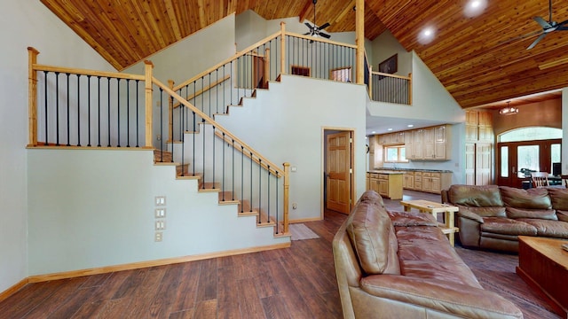 4251 Sugar Pt, Orr, MN 55771 - living area featuring a ceiling fan, wooden ceiling, high vaulted ceiling, stairway, and wood finished floors