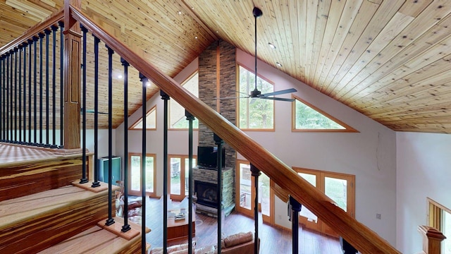 4251 Sugar Pt, Orr, MN 55771 - stairs with wooden ceiling, high vaulted ceiling, a stone fireplace, hardwood / wood-style floors, and a ceiling fan