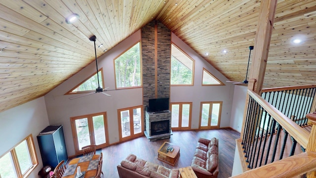 4251 Sugar Pt, Orr, MN 55771 - living area with ceiling fan, high vaulted ceiling, wood ceiling, wood finished floors, and recessed lighting