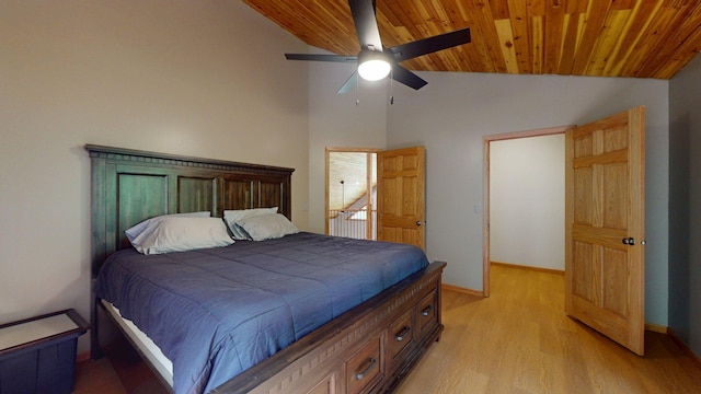 4251 Sugar Pt, Orr, MN 55771 - bedroom with lofted ceiling, wooden ceiling, light wood-style floors, baseboards, and a ceiling fan