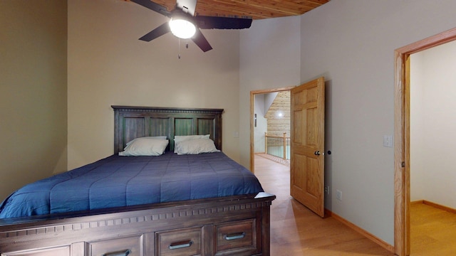 4251 Sugar Pt, Orr, MN 55771 - bedroom featuring light wood-style flooring, ceiling fan, wood ceiling, baseboards, and high vaulted ceiling