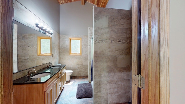 4251 Sugar Pt, Orr, MN 55771 - full bath with toilet, double vanity, a tile shower, and vaulted ceiling