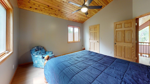 4251 Sugar Pt, Orr, MN 55771 - bedroom featuring wood ceiling, vaulted ceiling, wood finished floors, baseboards, and a ceiling fan