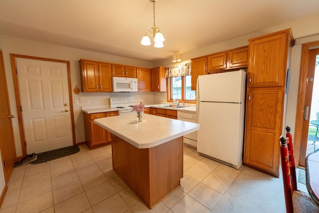 2842 19th Ave NW, Rochester, MN 55901 - kitchen with white appliances, a sink, light countertops, brown cabinets, and a chandelier