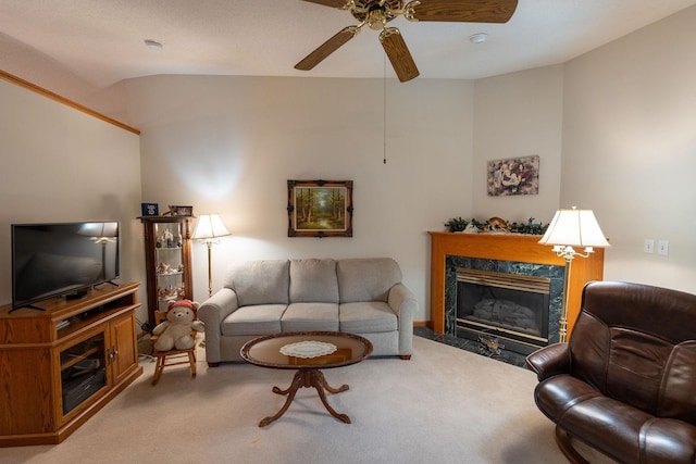 2842 19th Ave NW, Rochester, MN 55901 - carpeted living room with a high end fireplace, a ceiling fan, and lofted ceiling