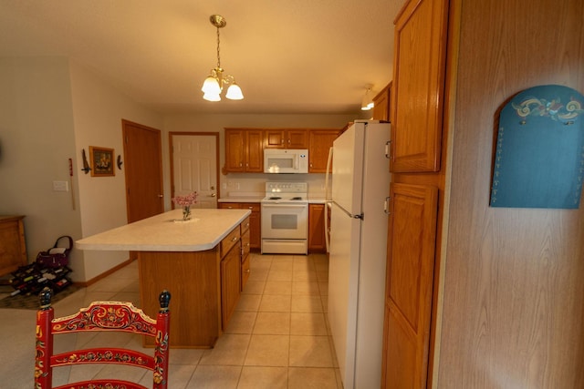 2842 19th Ave NW, Rochester, MN 55901 - kitchen featuring white appliances, light countertops, light tile patterned flooring, a kitchen island, and a chandelier