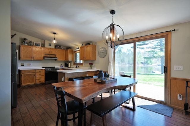 10151 Sandy Beach Rd, Round Lake Twp, WI 54843 - dining space featuring a chandelier, dark wood finished floors, healthy amount of natural light, wainscoting, and lofted ceiling