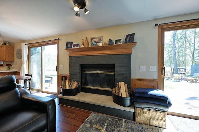 10151 Sandy Beach Rd, Round Lake Twp, WI 54843 - living area featuring wood finished floors, a fireplace, wainscoting, and a ceiling fan