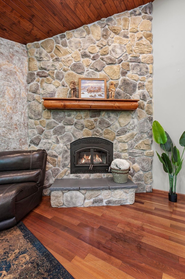 2207 Barron Polk St, Comstock, WI 54826 - living area with wood ceiling, wood finished floors, a fireplace, and vaulted ceiling