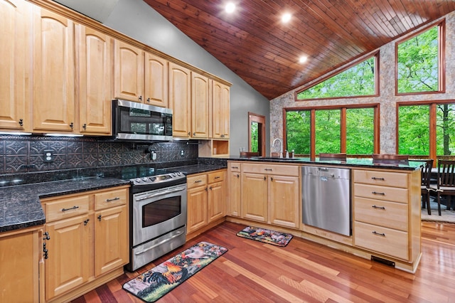 2207 Barron Polk St, Comstock, WI 54826 - kitchen with appliances with stainless steel finishes, a sink, light brown cabinets, high vaulted ceiling, and plenty of natural light