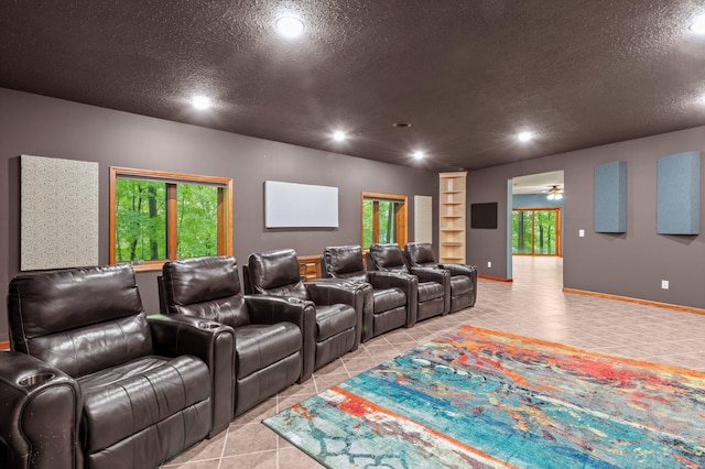 2207 Barron Polk St, Comstock, WI 54826 - home theater with built in shelves, light tile patterned floors, a textured ceiling, recessed lighting, and baseboards