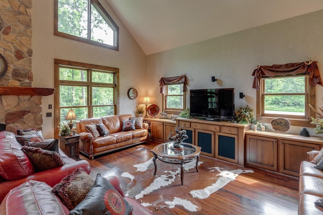31839 Cree Bay Cir, Pelican Twp, MN 56472 - living room with wood finished floors, high vaulted ceiling, and plenty of natural light