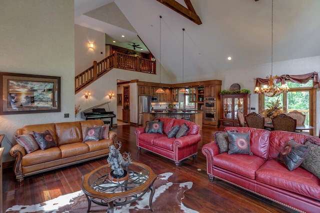 31839 Cree Bay Cir, Pelican Twp, MN 56472 - living room with high vaulted ceiling, a chandelier, dark wood-style flooring, stairs, and beamed ceiling