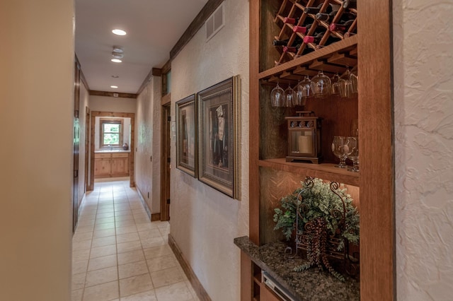 31839 Cree Bay Cir, Pelican Twp, MN 56472 - hall with a textured wall, light tile patterned floors, baseboards, and recessed lighting