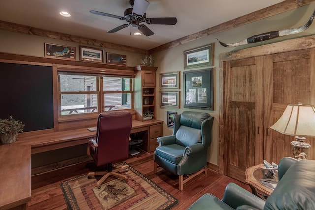31839 Cree Bay Cir, Pelican Twp, MN 56472 - office featuring a ceiling fan, wood finished floors, recessed lighting, and built in desk