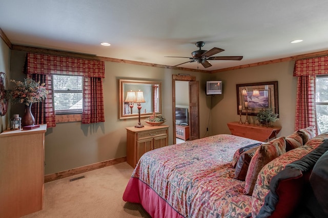 31839 Cree Bay Cir, Pelican Twp, MN 56472 - bedroom with light carpet, baseboards, recessed lighting, and ceiling fan