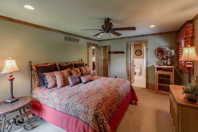 31839 Cree Bay Cir, Pelican Twp, MN 56472 - bedroom featuring light colored carpet, recessed lighting, crown molding, connected bathroom, and ceiling fan