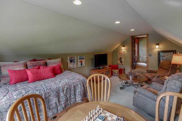 31839 Cree Bay Cir, Pelican Twp, MN 56472 - carpeted bedroom featuring vaulted ceiling and recessed lighting