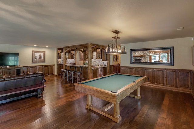31839 Cree Bay Cir, Pelican Twp, MN 56472 - playroom with a bar, pool table, and dark wood-type flooring