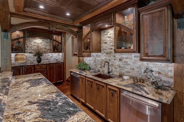 31839 Cree Bay Cir, Pelican Twp, MN 56472 - bar area with dishwasher, a sink, tasteful backsplash, wood finished floors, and ornamental molding