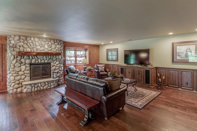 31839 Cree Bay Cir, Pelican Twp, MN 56472 - living area featuring a fireplace, wood-type flooring, and recessed lighting