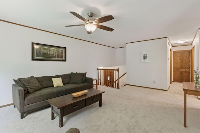 3228 Spruce Trl SW, Prior Lake, MN 55372 - living area featuring light colored carpet, ceiling fan, and ornamental molding