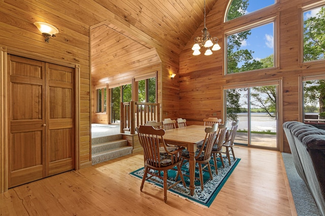 6031 232nd St W, Faribault, MN 55021 - dining area with wooden walls, high vaulted ceiling, plenty of natural light, a chandelier, and light wood-style floors
