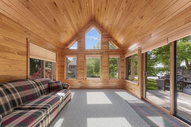 6031 232nd St W, Faribault, MN 55021 - sunroom / solarium featuring wooden walls, wood ceiling, vaulted ceiling, and carpet flooring