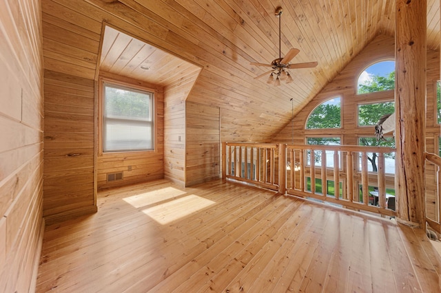 6031 232nd St W, Faribault, MN 55021 - bonus room featuring wooden ceiling, ceiling fan, hardwood / wood-style flooring, wood walls, and high vaulted ceiling