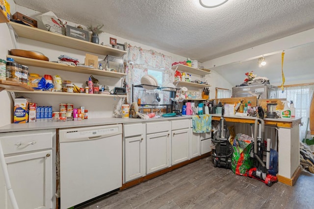 86 Somerville St S, Morgan, MN 56266 - kitchen with white dishwasher, open shelves, wood finished floors, a textured ceiling, and light countertops