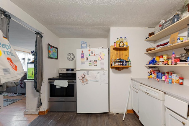 86 Somerville St S, Morgan, MN 56266 - kitchen with white appliances, open shelves, a textured ceiling, white cabinetry, and light countertops
