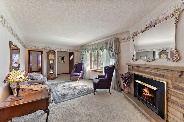 6379 Hodgson Rd, Lino Lakes, MN 55014 - carpeted living room featuring a textured ceiling and a lit fireplace