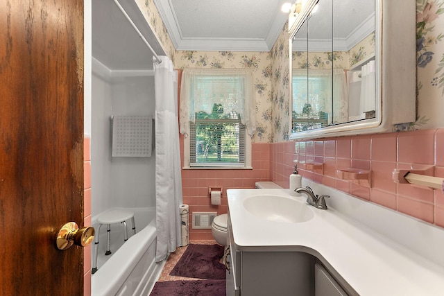 6379 Hodgson Rd, Lino Lakes, MN 55014 - full bath featuring crown molding, wallpapered walls, vanity, shower / bathtub combination with curtain, and tile walls
