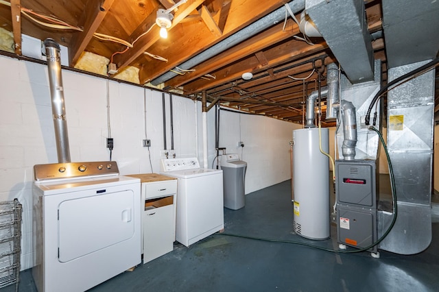 3568 6th St NW, Rochester, MN 55901 - unfinished basement featuring washing machine and clothes dryer, water heater, concrete block wall, and a water softener