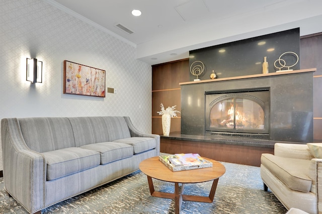 6600 Lyndale Ave S Unit 1005, Richfield, MN 55423 - living area featuring ornamental molding, a fireplace, and wallpapered walls