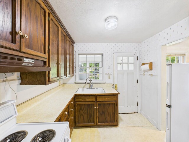 1538 8th Ave SE, Saint Cloud, MN 56304 - kitchen with freestanding refrigerator, a sink, wallpapered walls, under cabinet range hood, and light countertops