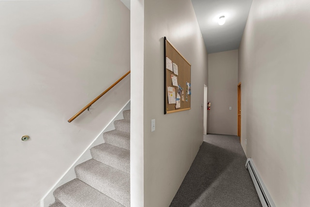 546 Laurel Ave Unit 6, Saint Paul, MN 55102 - hallway featuring carpet flooring, a baseboard heating unit, and stairs