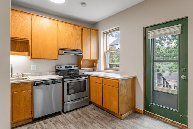 546 Laurel Ave Unit 6, Saint Paul, MN 55102 - kitchen with stainless steel appliances, under cabinet range hood, a sink, and light wood finished floors