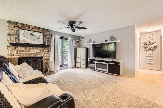 2060 Pathways Dr Unit 13, Saint Paul, MN 55119 - living area featuring carpet, a fireplace, ceiling fan, a textured ceiling, and baseboards
