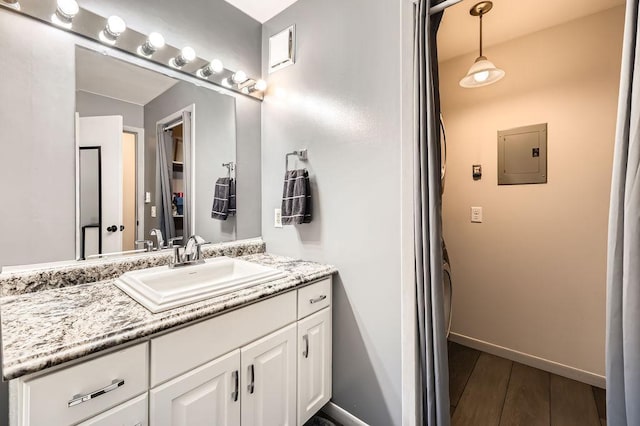 2060 Pathways Dr Unit 13, Saint Paul, MN 55119 - bathroom with electric panel, vanity, and wood finished floors