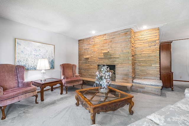 5313 Birchcrest Dr, Edina, MN 55436 - carpeted living area featuring a textured ceiling, a fireplace, crown molding, baseboards, and recessed lighting