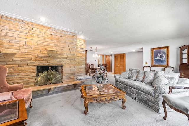 5313 Birchcrest Dr, Edina, MN 55436 - living area with a textured ceiling, carpet, a stone fireplace, recessed lighting, and ornamental molding