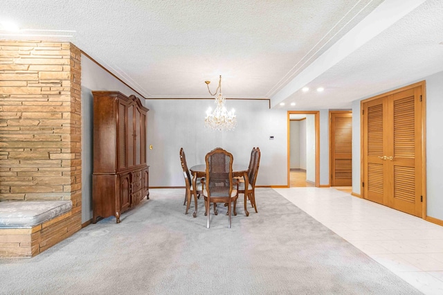 5313 Birchcrest Dr, Edina, MN 55436 - dining room featuring a textured ceiling, a chandelier, ornamental molding, baseboards, and recessed lighting